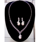 Silver Tone White Faux Pearl Teardrop Pendant Necklace & Earring Set