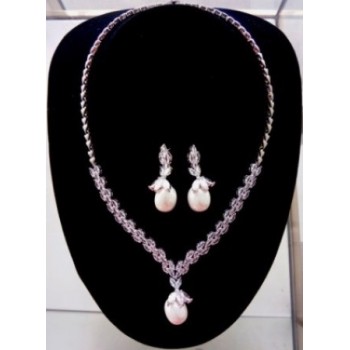 Silver Tone White Faux Pearl Teardrop Pendant Necklace & Earring Set